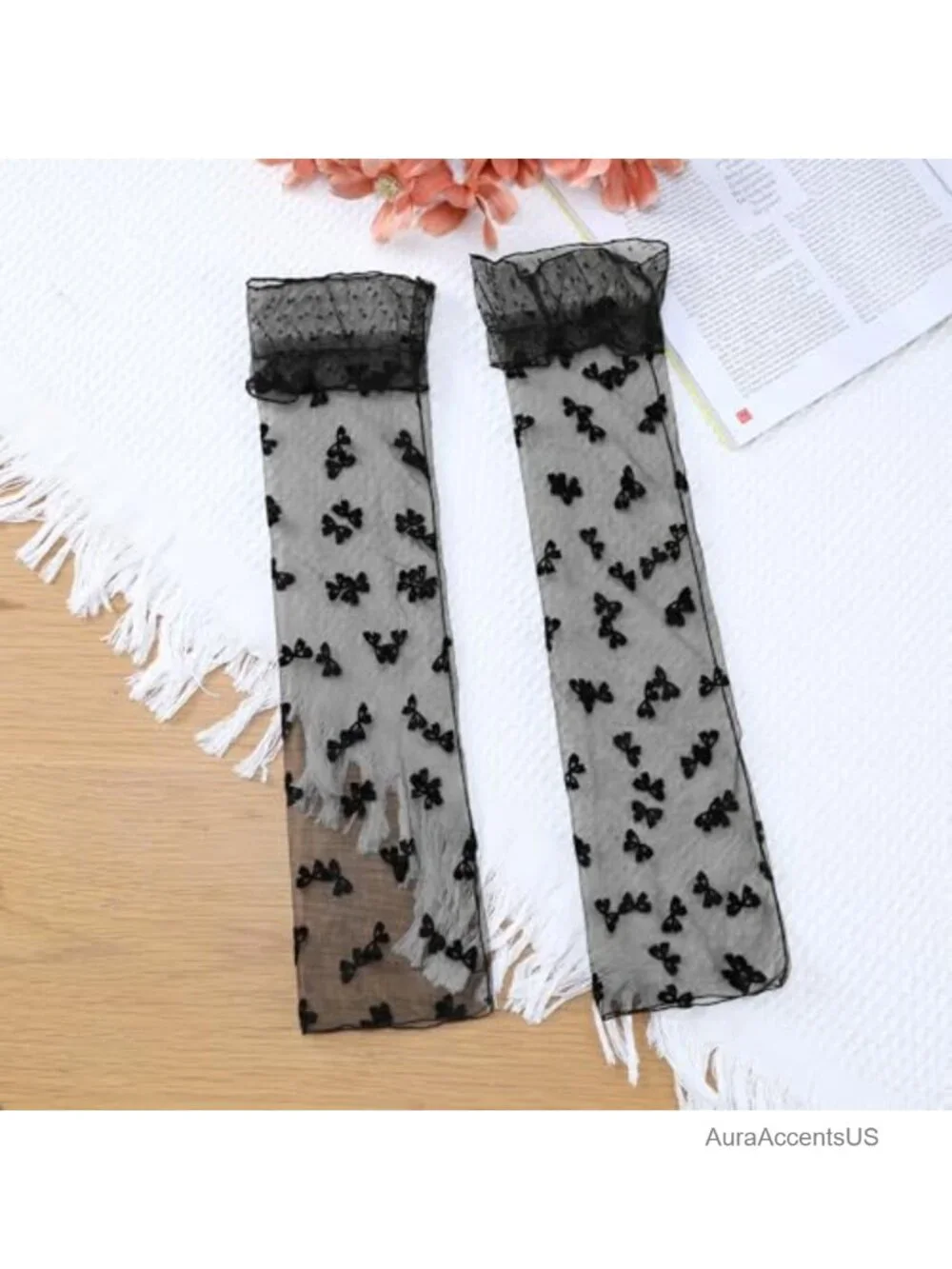 Long Polka Point Bowknot Lace Pleated Gloves Fashion Fingerness Arm Sleeves for
